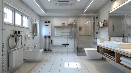 Design a modern bathroom with white tiles, a large glass shower, and a freestanding bathtub. The bathroom should have a minimalist and luxurious feel. photo