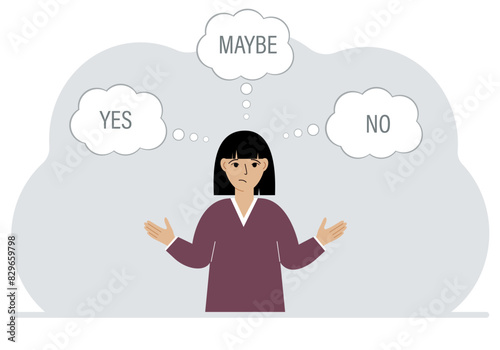 A woman spreads his arms to the sides and makes a choice or makes a decision. Air bubbles with text yes, no, maybe. Vector flat illustration