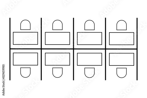 Seating arrangement in a business workspace. Office cubicles with dividers top view. Schematic plan of seatings. Desks and chairs furniture icons. Vector graphic illustration