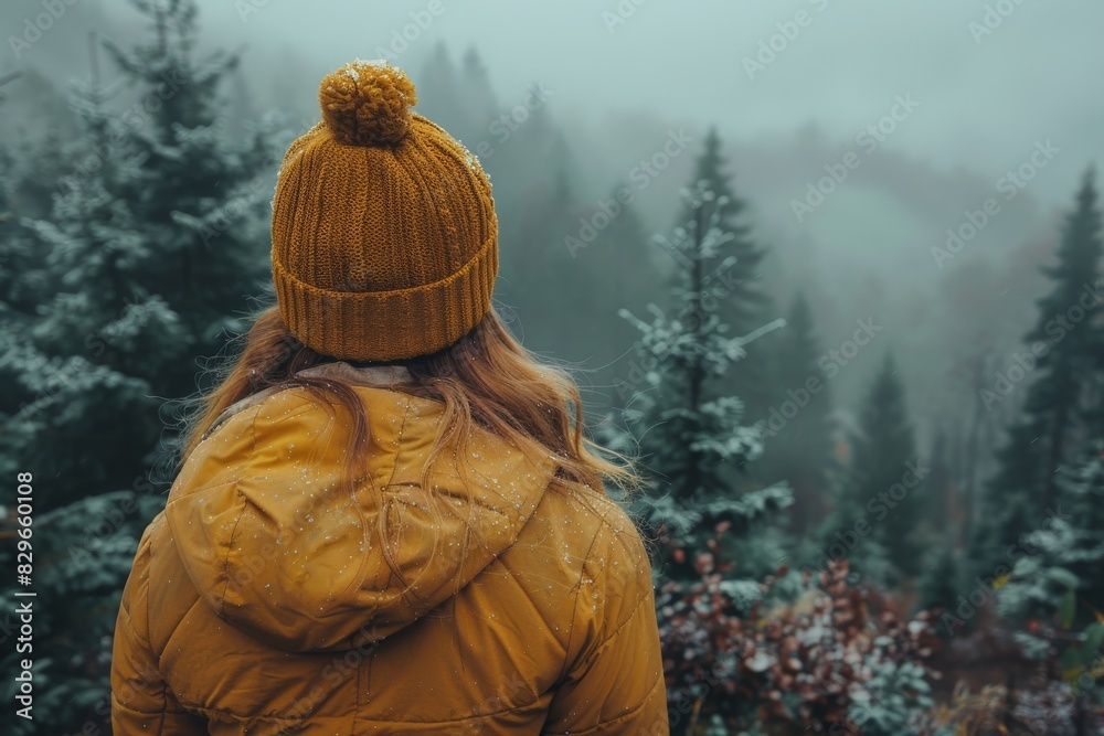 A back view of a person wearing a yellow beanie and jacket, contemplating a snowy forest landscape with fog A back view of a person wearing a yellow beanie and jacket, contemplating a snowy forest landscape with fog