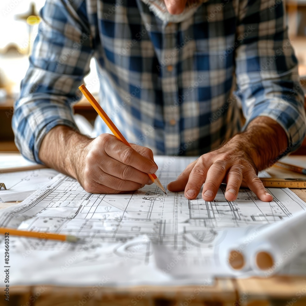 An architect is working on a new project. He is using a pencil and a ruler to draw the plans. He is very focused on his work. An architect is working on a new project. He is using a pencil and a ruler to draw the plans. He is very focused on his work.