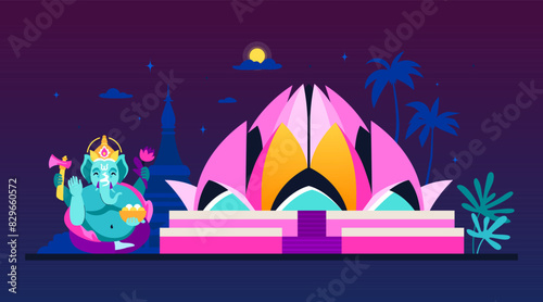 Lotus Temple and Ganesha - modern colored vector illustration with Indian night composition with an elephant-headed deity and an interesting architectural monument in the shape of an oriental flower