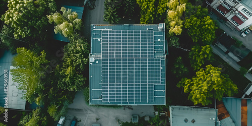 Aerial shot showing a house nestled amidst a dense forest of trees. nnovative green building with sustainable architecture, showcasing solar panels and a green roof, surrounded by lush greenery.  photo