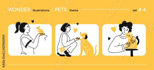 Love and care for animals - line design style illustration with copy space for text. A composition with owners and pets. Cute rodent mouse, dog gives paw, cat hugging with a man. Together forever