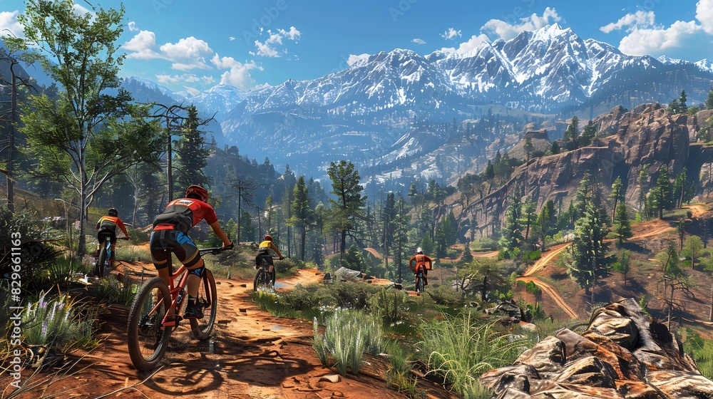 Fototapeta premium Summit Sojourn: Mountain Bikers Conquer Trails in Summer's Glow