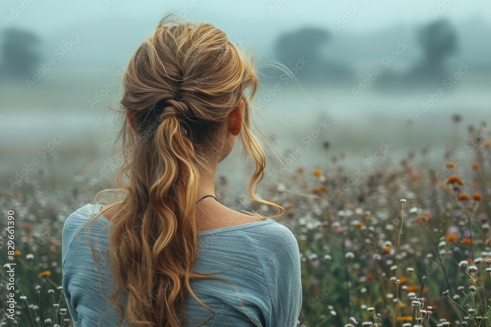 A contemplative woman with braided hair gazes at a misty field, evoking calm and solitude A contemplative woman with braided hair gazes at a misty field, evoking calm and solitude