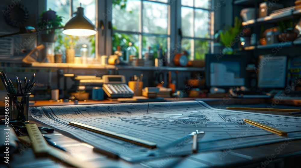 An architect's desk with a blueprint, a lamp, and some drafting tools. The desk is in front of a window with a view of the city.