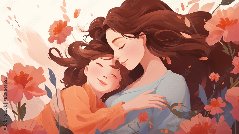 Tender Moment Between Mother and Child in a Floral Setting