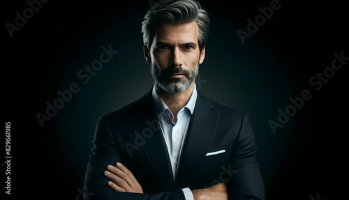 A distinguished middle-aged man with a salt-and-pepper beard, dressed in a dark suit, poses confidently against a dark background