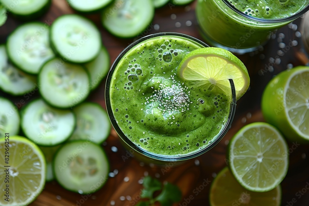 Cucumber Lime Smoothie - Light green with cucumber slices and a lime wedge. Cucumber Lime Smoothie - Light green with cucumber slices and a lime wedge.
