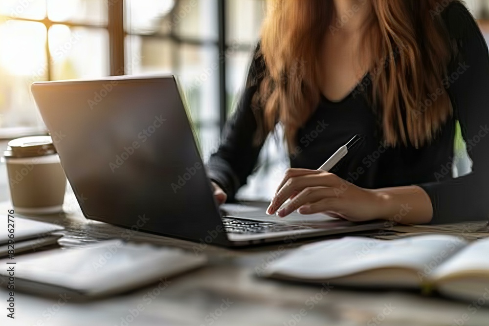 Woman working at table with laptop and pen Woman working at table with laptop and pen