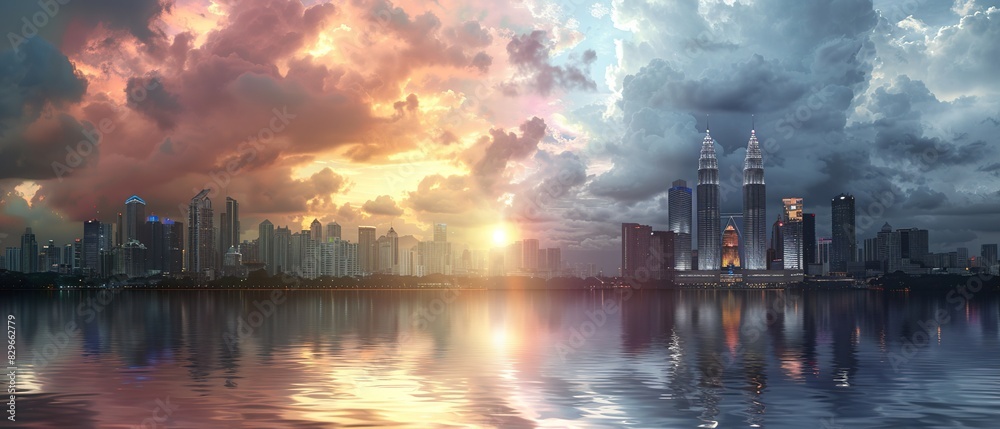 Dramatic cityscape with fiery and stormy skies reflected in water.