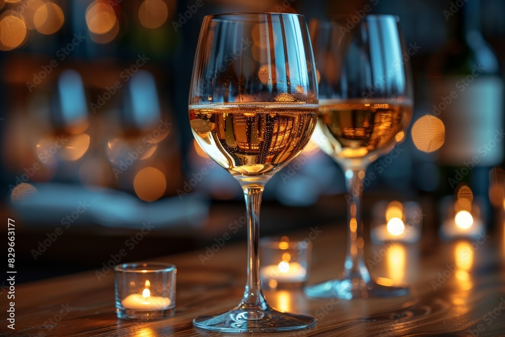 Image captures an intimate ambiance with two glasses of white wine and the glow of candlelight against a bokeh background