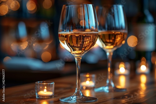 Image captures an intimate ambiance with two glasses of white wine and the glow of candlelight against a bokeh background