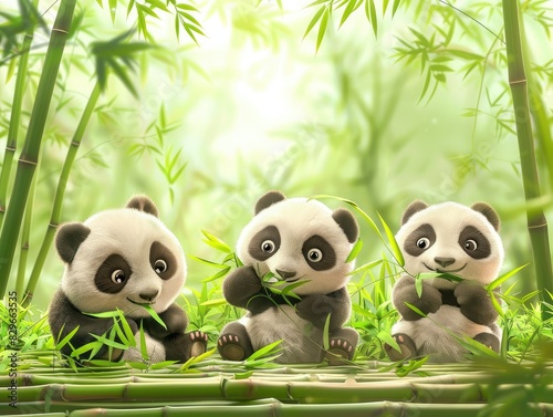 Cute baby pandas eating bamboo together in a bamboo forest photo