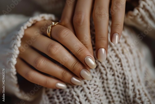 Girl's hands with a beautiful art manicure design nails extension procedure in a beauty salon