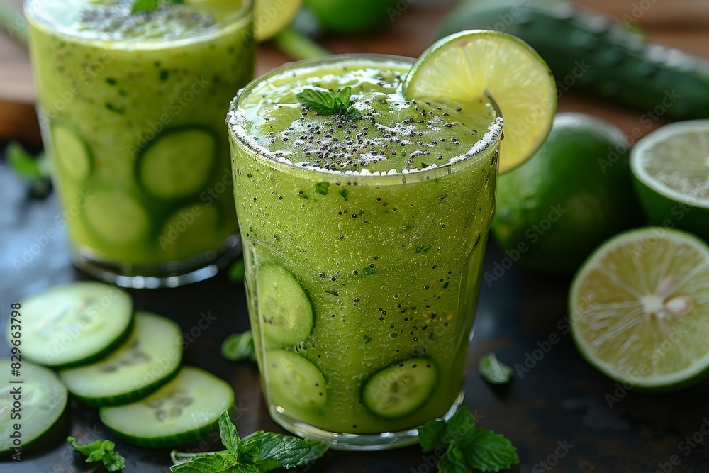 Cucumber Lime Smoothie - Light green with cucumber slices and a lime wedge. Cucumber Lime Smoothie - Light green with cucumber slices and a lime wedge.