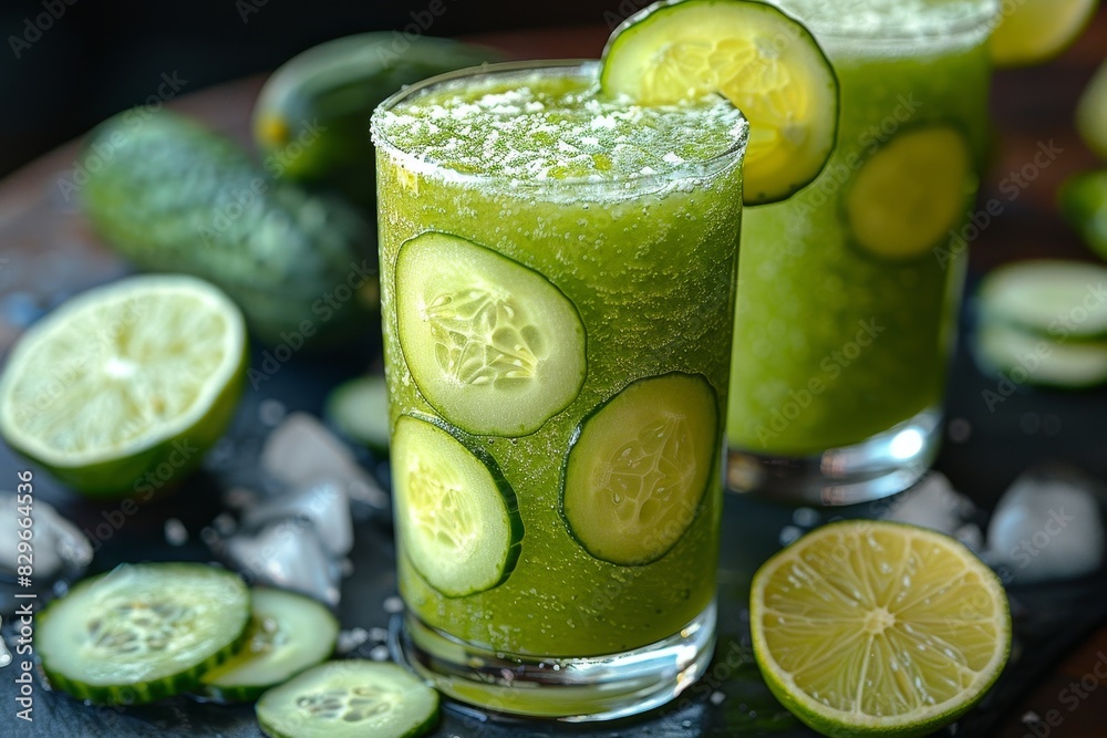 Cucumber Lime Smoothie - Light green with cucumber slices and a lime wedge. 