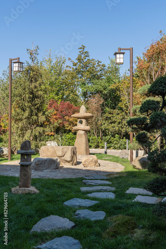 Traditional Japanese lamp Japanese Yamadoro-toro lantern made of stone. Close-up. Element of traditional Japanese architecture of Chinese origin. Japanese garden in Krasnodar park or Galitsky park