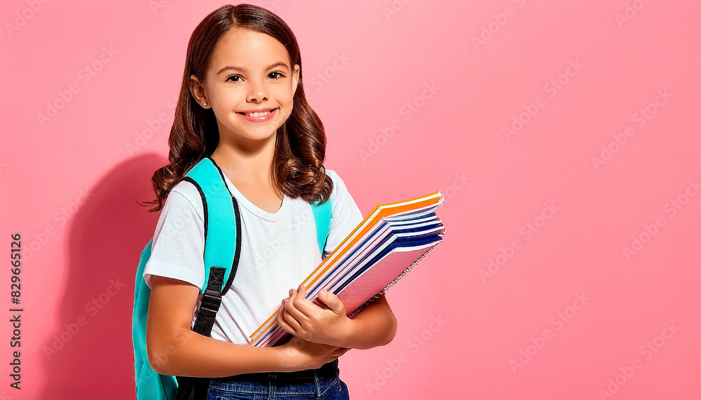 JOVEM ESTUDANTE SORRINDO SEGURANDO LIVROS E CADERNOS EM UM CONCEITO DE VOLTA ÀS  AULAS E ENSINO FUNDAMENTAL E ESCOLA ELEMENTAR