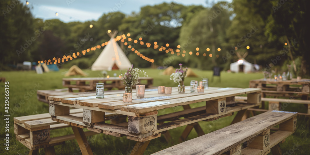 Candles on white stacked wood pallets to make table in a festival setting. Festoon lighting overhead and a tipi tent in the background. Candles on white stacked wood pallets to make table in a festival setting. Festoon lighting overhead and a tipi tent in the background.