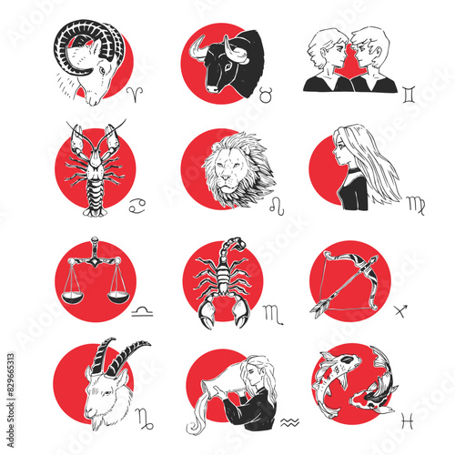 Vector hand-drawn set of illustrations of zodiac signs. A collection of sketches for horoscope design in comic style.