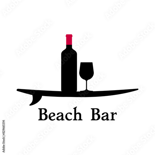 Logo Beach Bar. Silueta de copa y botella de vino en tabla de surf