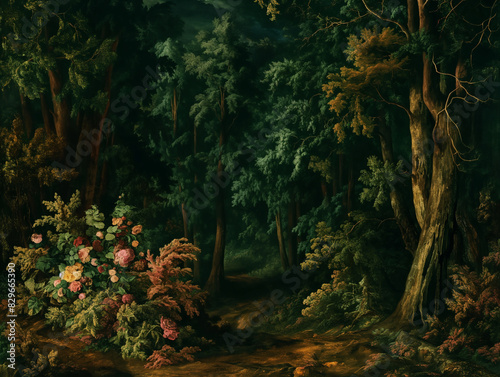Surreal art fantasy scene secret mysterious garden of flowers and plants, peonies, tulips, roses, orchids, fruits, mushrooms. Baroque, renaissance style, rich colors, dramatic lighting, oil painting