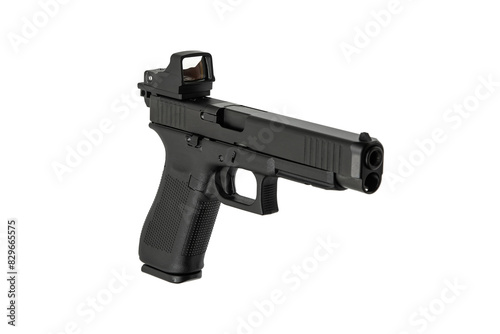 Modern semi-automatic pistol with red dot sight. Armament for the army and police. Short-barreled weapon. Isolate on a white back