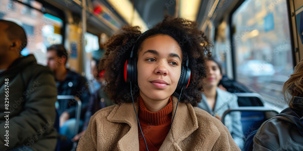 Beautiful young woman wearing headphones travelling by public bus. Female passenger riding a bus. Public transportation.