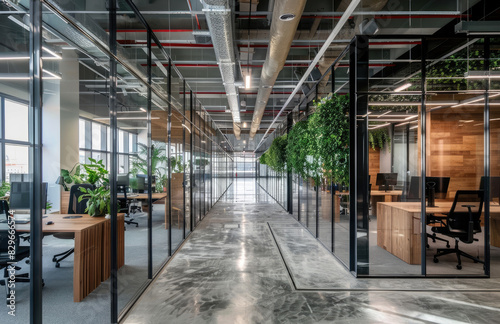 A long modern office with glass walls and plants on the walls, wooden furniture and black metal accents. Created with Ai