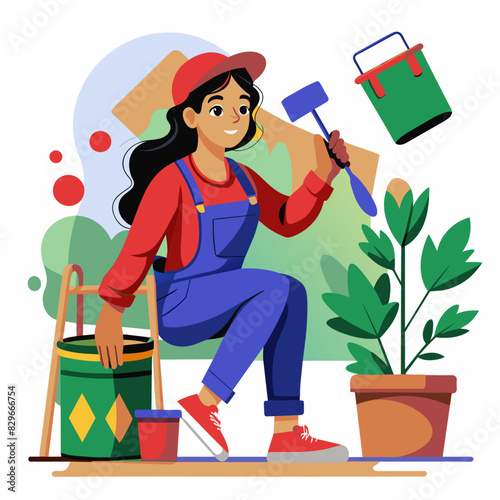 A woman in overalls holding a paint roller, painting indoors with potted plants around, and shelves filled with items.