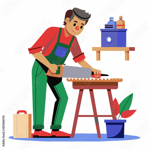 A man in overalls using a saw at a workbench, with tools and shelves around, working on a woodworking project.