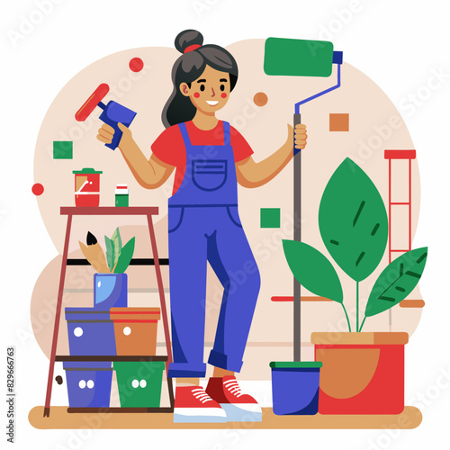 A woman in overalls holding a paint roller, painting indoors with potted plants around, and shelves filled with items.