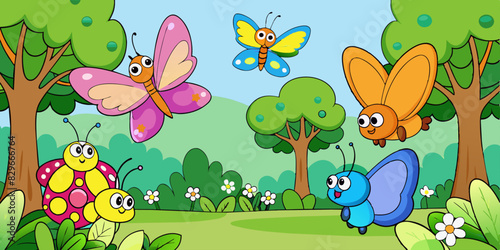 A bright and cheerful scene with butterflies  flowers  a rainbow  and a sunny sky  creating a joyful and playful atmosphere.