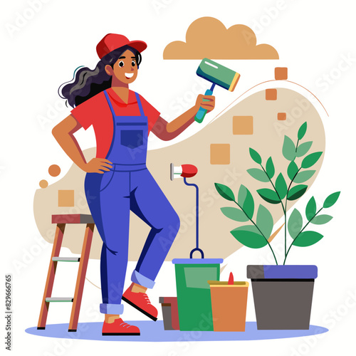 A woman in overalls holding a paint roller, painting indoors with potted plants around, and shelves filled with items.