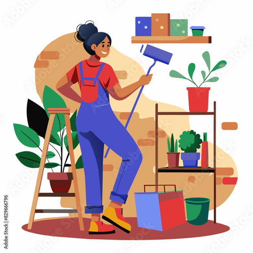 A woman in overalls holding a paint roller, painting indoors with potted plants around, and shelves filled with items.