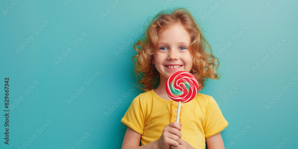 Cheerful child holding big lollypop on solid background with copy space.