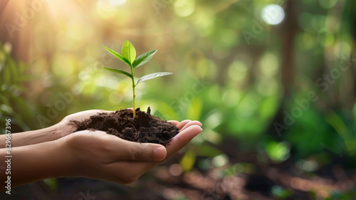 Wallpaper Mural Hands holding young plant in sunshine. Blurred green background at sunset. Environment conservation, reforestation, climate change. Planting and protecting trees to reduce global warming. Torontodigital.ca