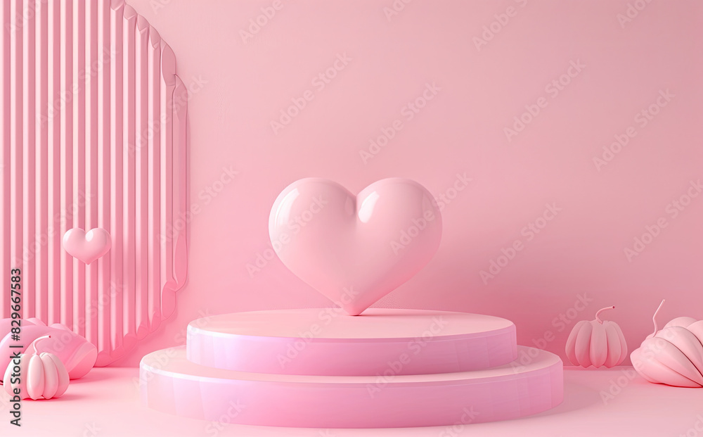 3D rendering of a Valentine's Day podium with a heart-shaped balloon on a pink background. Created with Ai