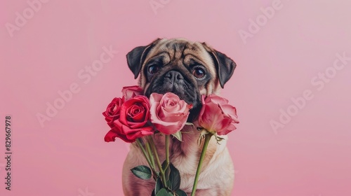 Pug Pup Embracing Elegance: A Pup With Pink Roses © pvl0707