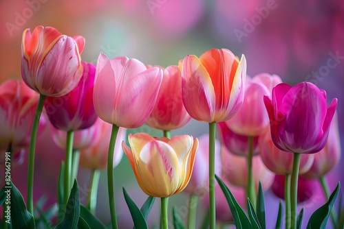 Pink and yellow tulips field #829667991