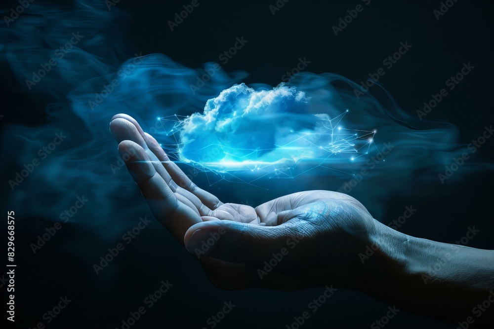 Someone holding a cloud with blue light