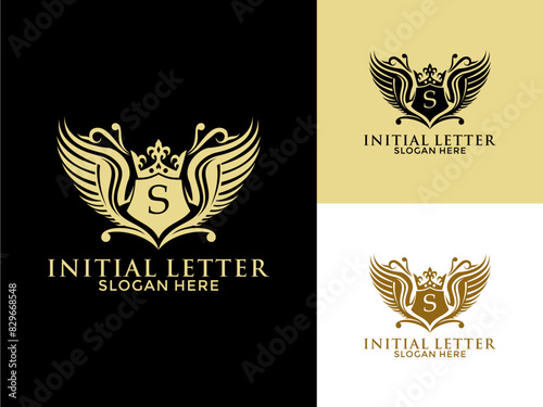 Luxury royal wing Letter S Logo vector, Luxury wing crown emblem alphabets logo design template
