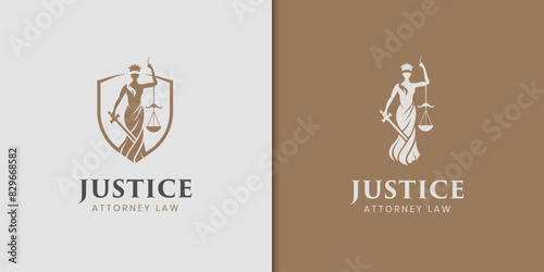 vintage Lady Justice Justitia Goddess with shield Logo design for Attorney and Law. Silhouette Law Firm ancient Logo template
