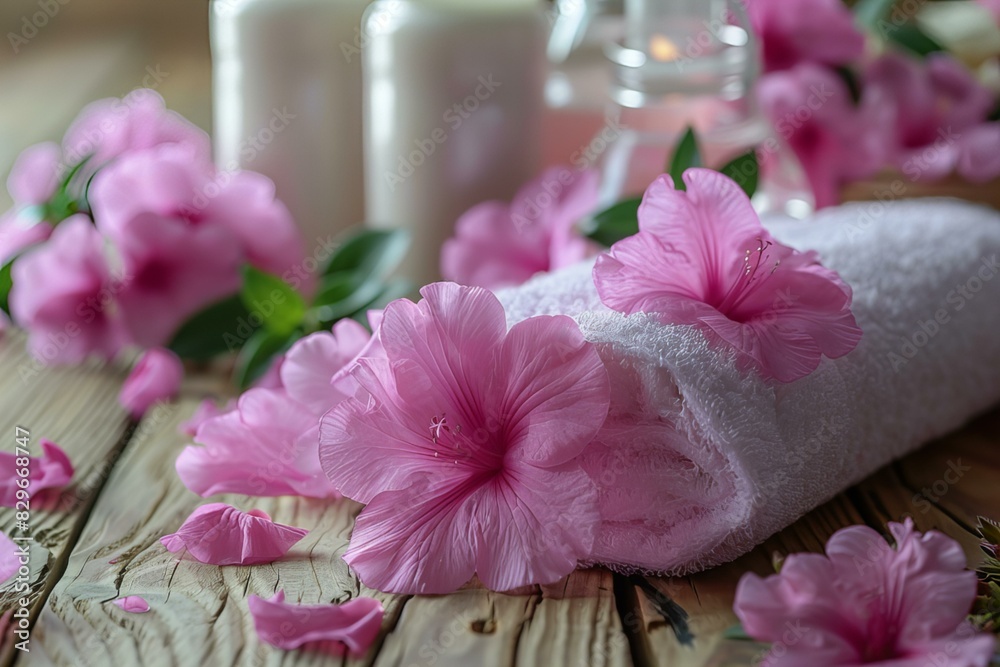 Towels flowers table candles Towels flowers table candles