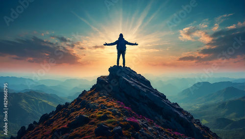 A lone person stands on top of a big mountain with hands towards the sky as to celebrate their achievement