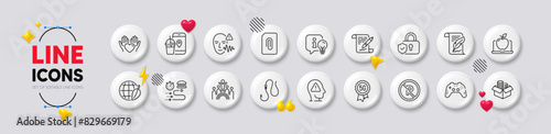 5g technology, Gamepad and Hold heart line icons. White buttons 3d icons. Pack of Feather, Laptop, Inclusion icon. Lamp, Environment day, Hook pictogram. Food app, Security lock, No parking. Vector