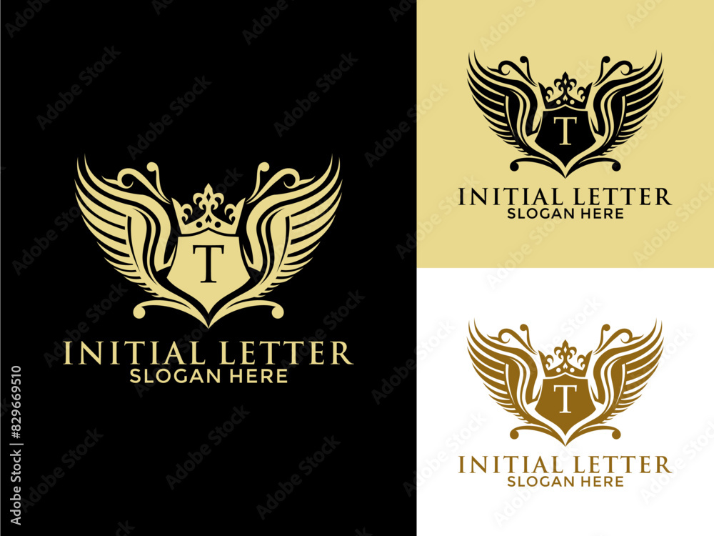 Luxury royal wing Letter T Logo vector, Luxury wing crown emblem alphabets logo design template Luxury royal wing Letter T Logo vector, Luxury wing crown emblem alphabets logo design template