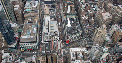 Aerial view of Manhattan in New York City showing the classic high rise buildings and city scape in the USA